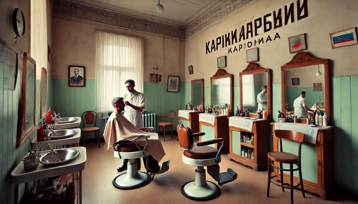A Soviet-era barbershop interior with a barber and a client in a vintage chair, showing a utilitarian atmosphere typical of mid-20th-century USSR.webp
