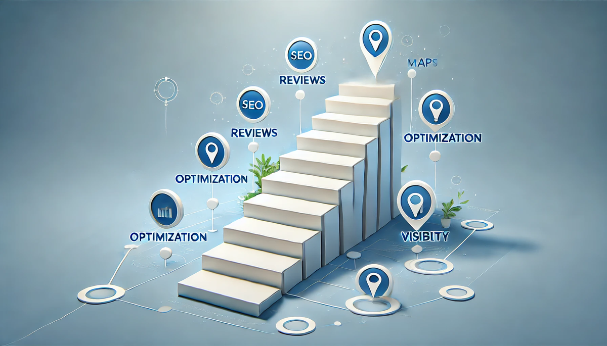 A clean and modern digital illustration showing a step-by-step guide concept with seven ascending steps leading to business success.webp