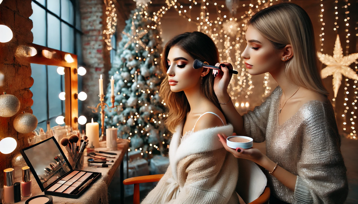A makeup artist applying festive New Year's makeup to a young woman in a beautifully decorated salon.webp