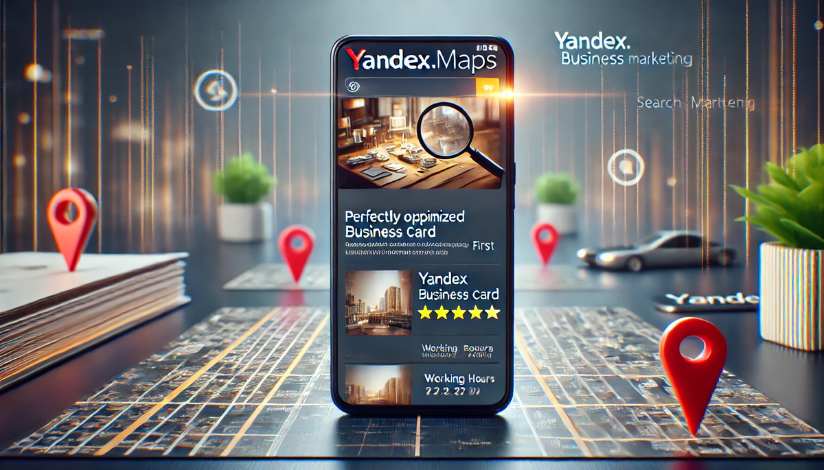 A perfectly optimized Yandex Business card ranking first in search results. The image should display a smartphone screen with the Yandex.webp