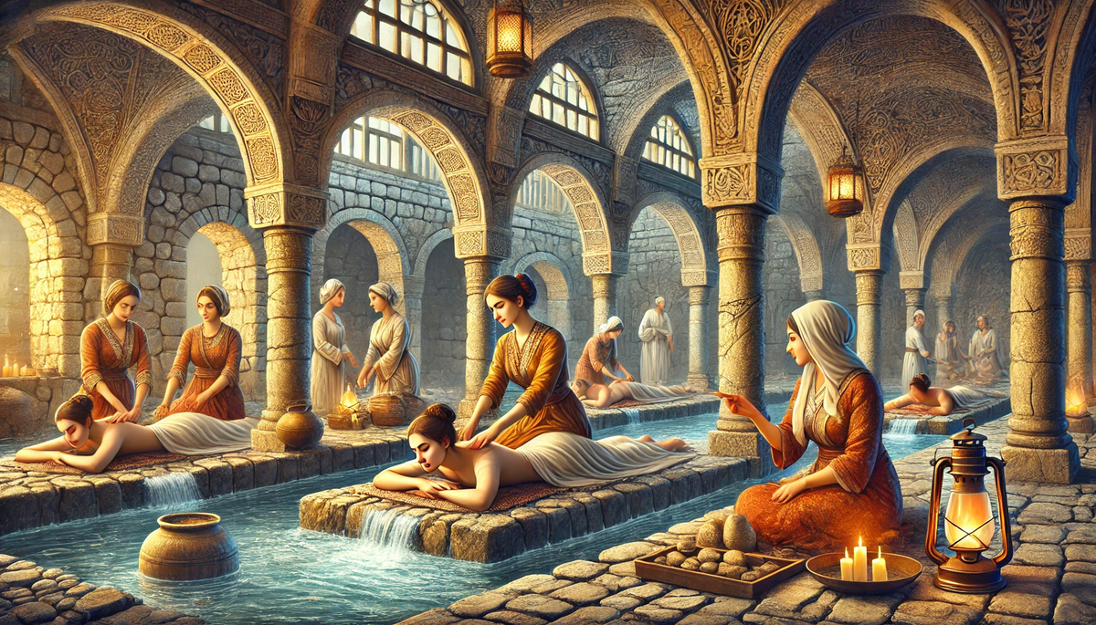 A realistic horizontal illustration of women receiving massages in the sulfur baths of ancient Georgia, capturing the historic atmosphere and attribut.webp