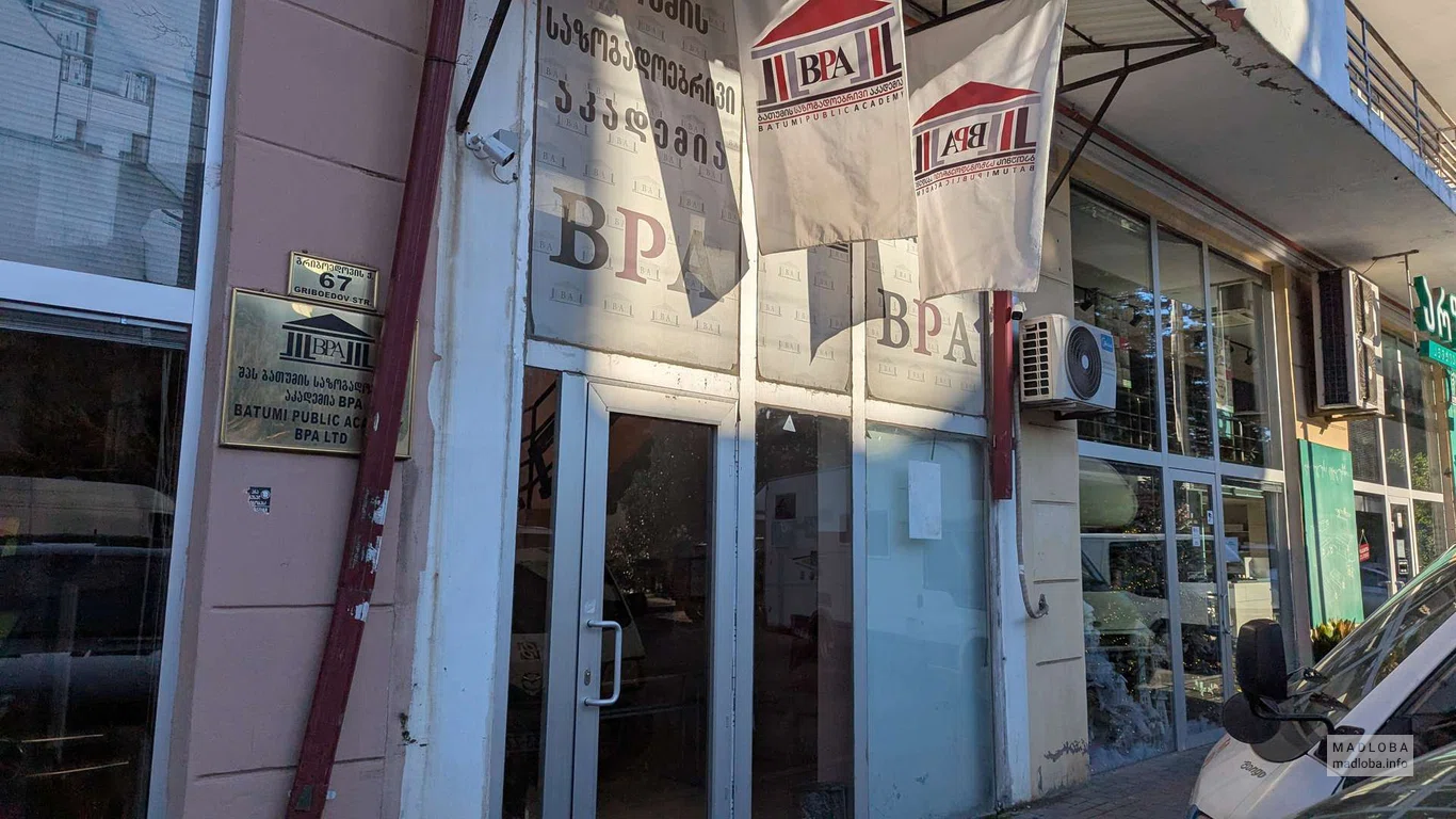 Вход в Батумскую государственную академию с вывесками и флагами