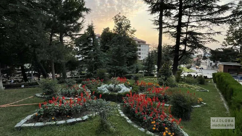 Клумба с цветами в Парке Надиквари в Телави