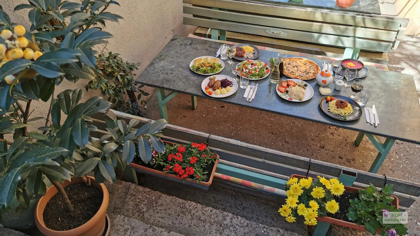 Вид сверху на стол с блюдами Rainer's Cafe