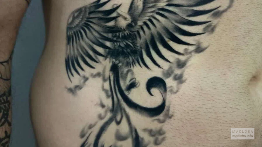 птица на правом боку живота тату салон "Soul Tattoo"