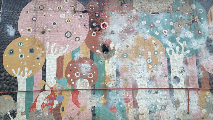 Soviet mosaic fence and facade decoration