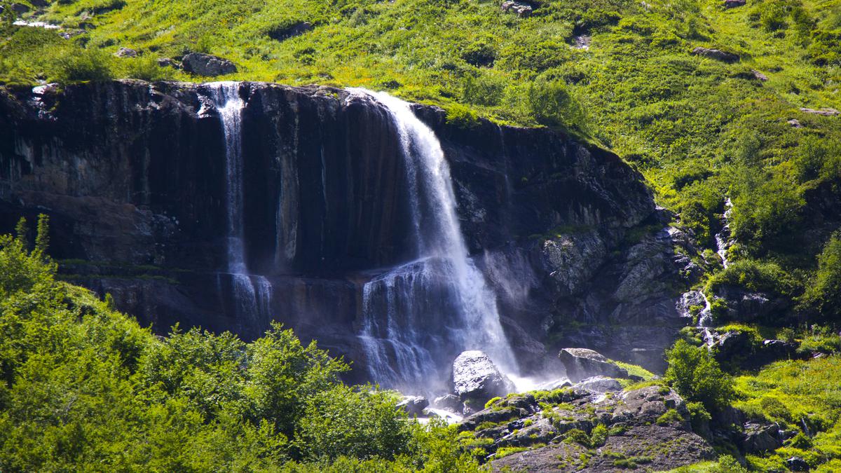 Flowing streams of waterfall water