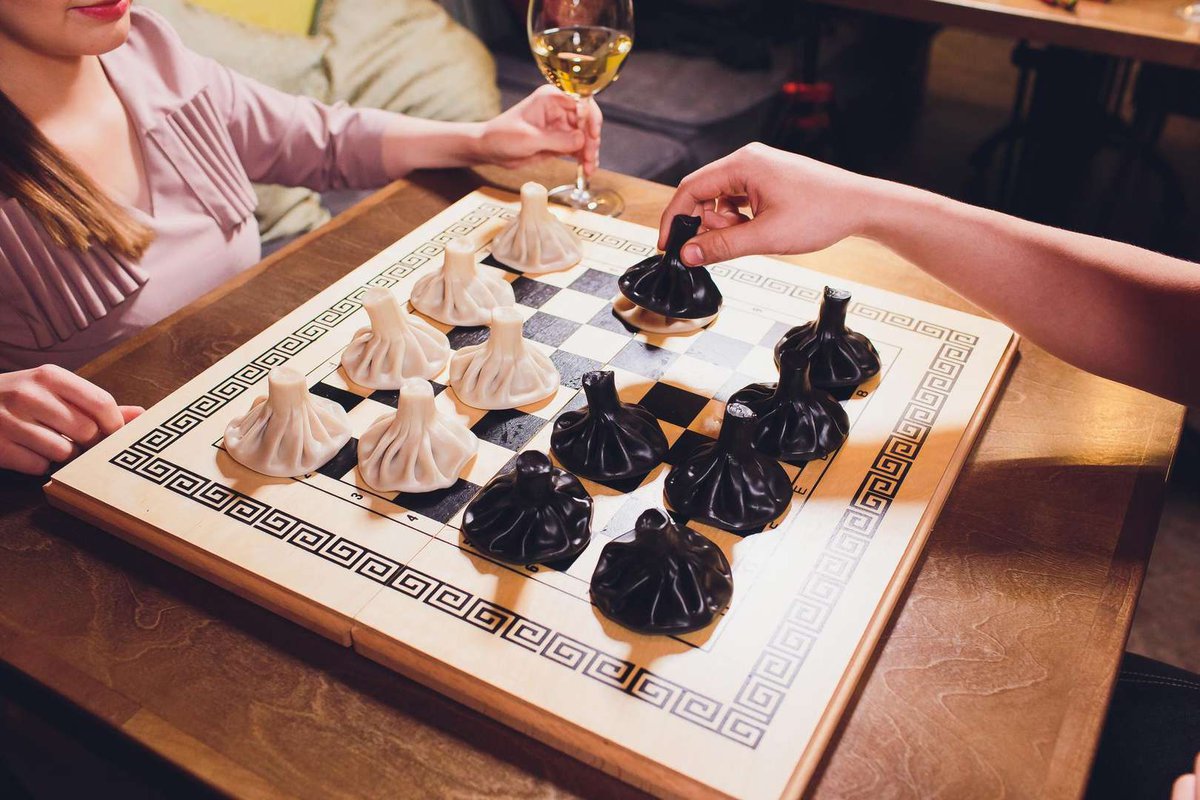 Conceptual Georgian restaurant, khinkali chess game