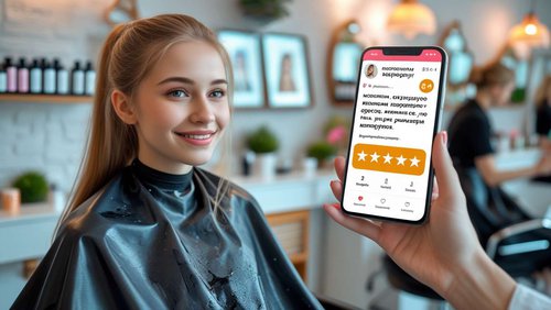 довольная клиентка в салоне красоты, крупным планом экран смартфона в руках у мастера, где на экране видна оценка пять звезд.jpg