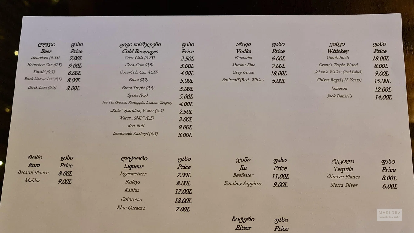 Алкогольное меню в Cafe Top shelf lounge